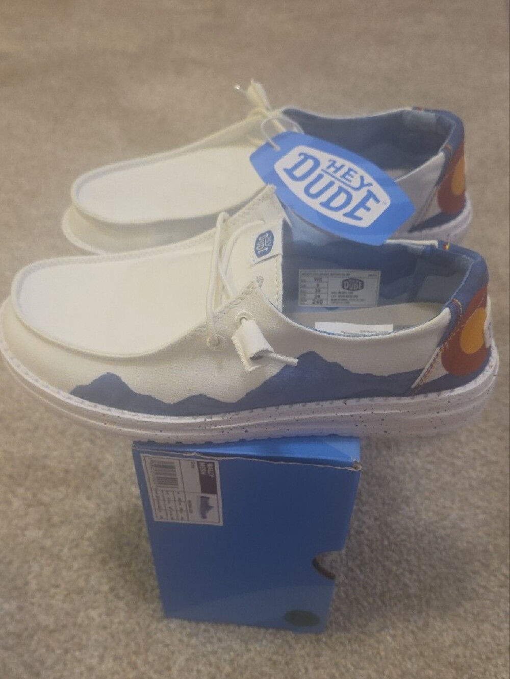 HEY DUDE WOMEN'S COLORADO WATERCOLOR White Canvas Boat Shoes with Blue Trim